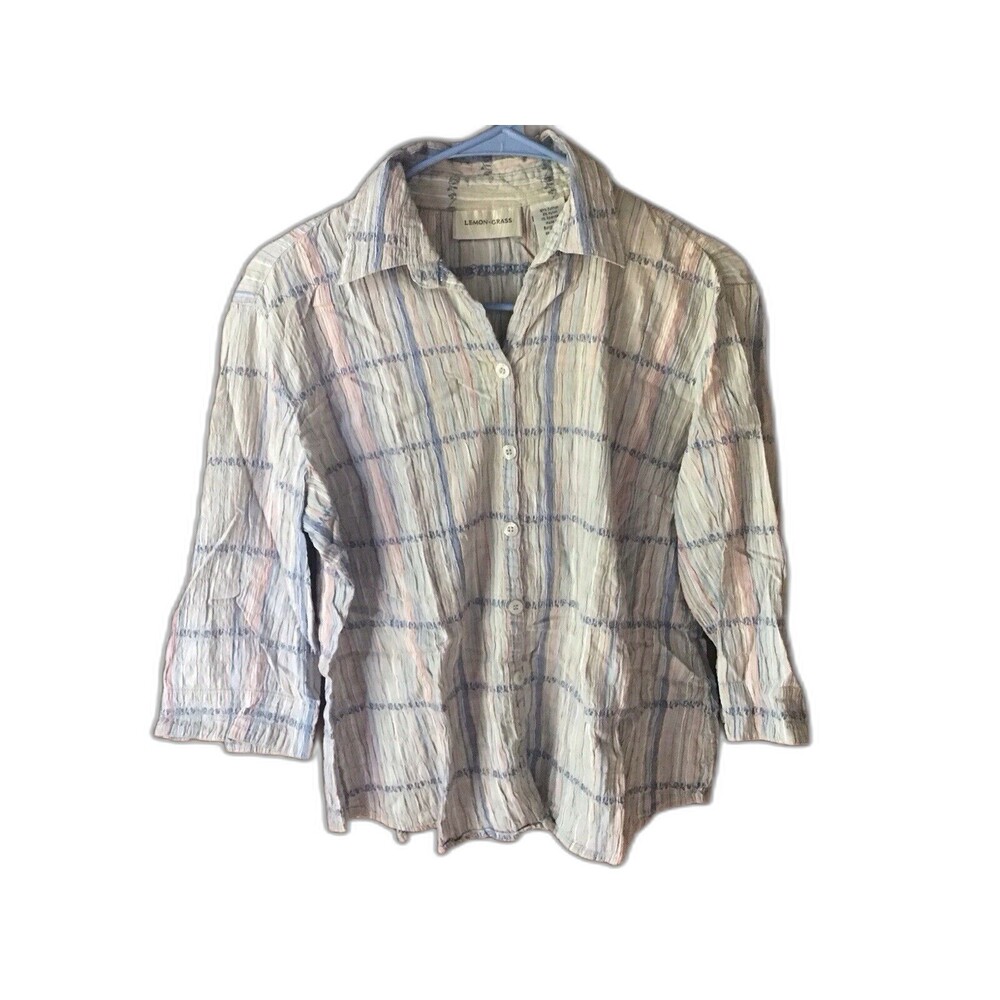 Lemon Grass Green Blue Plaid Top Size M Button Up Texture 3/4 Sleeve Seersucker